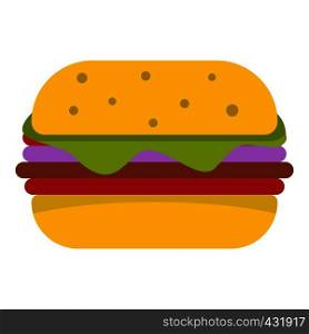 Hamburger with cheese, lettuce, meat patty and bun with sesame seeds icon flat isolated on white background vector illustration. Hamburger with cheese and meat patty icon isolated