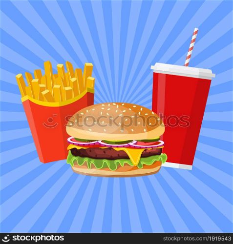 Hamburger with cheese, tomato and salad and with soda and french fries. Unhealthy food. Decoration for patches, prints for clothes, badges, posters, emblems, menus. Vector illustration in flat style. Hamburger with cheese, tomato and salad.