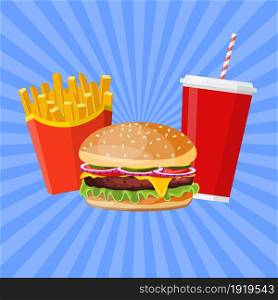 Hamburger with cheese, tomato and salad and with soda and french fries. Unhealthy food. Decoration for patches, prints for clothes, badges, posters, emblems, menus. Vector illustration in flat style. Hamburger with cheese, tomato and salad.