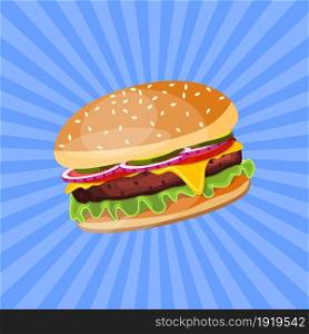 Hamburger with cheese, tomato and salad. Unhealthy food. Decoration for patches, prints for clothes, badges, posters, emblems, menus. Vector illustration in flat style. Hamburger with cheese, tomato and salad.