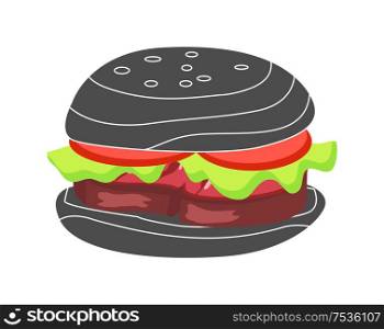 Hamburger with fresh tomatoes, lettuce leaf, grilled steak and sesame on bun. High calorie contain meal in black bread isolated cartoon flat vector illustration. Hamburger with Fresh Tomatoes and Lettuce Leaf