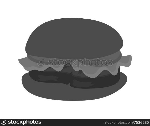 Hamburger with fresh tomatoes, lettuce leaf, grilled steak and sesame on bun. High calorie contain meal in bread isolated cartoon flat vector illustration. Black on white. Hamburger with Fresh Tomatoes and Lettuce Leaf