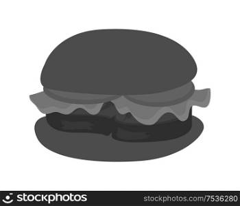Hamburger with fresh tomatoes, lettuce leaf, grilled steak and sesame on bun. High calorie contain meal in bread isolated cartoon flat vector illustration. Black on white. Hamburger with Fresh Tomatoes and Lettuce Leaf