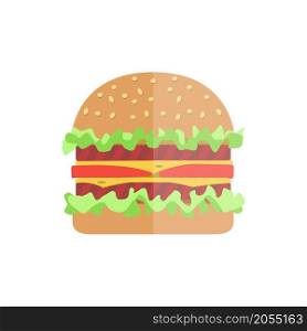 Hamburger with meat, lettuce and cheese. Elements on the theme of the restaurant business. Hamburger or cheeseburger. Vector illustration. Burger flat icon design.. Hamburger with meat, lettuce and cheese.