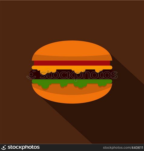 Hamburger with melted cheese, tomatoes and salad icon. Flat illustration of hamburger with melted cheese, tomatoes and salad vector icon for web on coffee background. Hamburger with cheese, tomatoes and salad icon