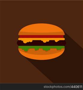 Hamburger with melted cheese, tomatoes and salad icon. Flat illustration of hamburger with melted cheese, tomatoes and salad vector icon for web on coffee background. Hamburger with cheese, tomatoes and salad icon