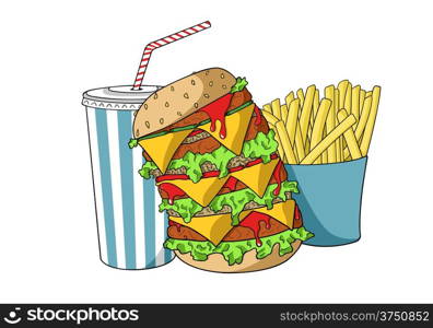 Hamburger with soda and french fries