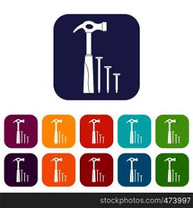 Hammer and nails icons set vector illustration in flat style In colors red, blue, green and other. Hammer and nails icons set