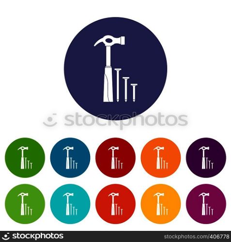 Hammer and nails set icons in different colors isolated on white background. Hammer and nails set icons