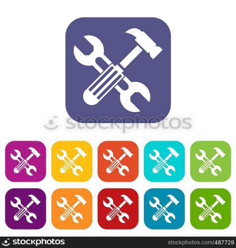 Hammer and screw wrench icons set vector illustration in flat style in colors red, blue, green, and other. Hammer and screw wrench icons set