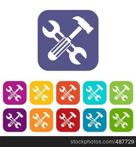 Hammer and screw wrench icons set vector illustration in flat style in colors red, blue, green, and other. Hammer and screw wrench icons set