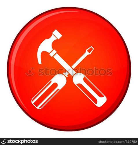 Hammer and screwdriver icon in red circle isolated on white background vector illustration. Hammer and screwdriver icon, flat style