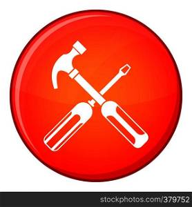 Hammer and screwdriver icon in red circle isolated on white background vector illustration. Hammer and screwdriver icon, flat style