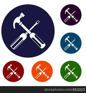 Hammer and screwdriver icons set in flat circle reb, blue and green color for web. Hammer and screwdriver icons set