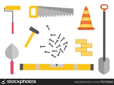 Hammer and spade vector, shovel and nails vector. Isolated plastic cone with stripes and roller for painting walls, hand saw and brick with cement. Construction Equipment, Kit of Workman Hammer