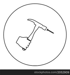 Hammer hits nail in hand claw holding Fixing and repairing working tools icon in circle round black color vector illustration image outline contour line thin style simple. Hammer hits nail in hand claw holding Fixing and repairing working tools icon in circle round black color vector illustration image outline contour line thin style