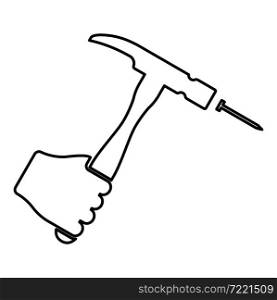Hammer hits nail in hand claw holding Fixing and repairing working tools contour outline icon black color vector illustration flat style simple image. Hammer hits nail in hand claw holding Fixing and repairing working tools contour outline icon black color vector illustration flat style image