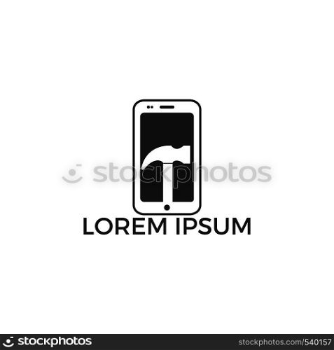 Hammer With Cell Phone Logo Design. Renovation or repairment vector logo design concept.