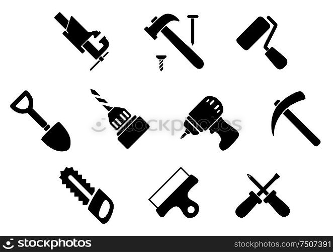 Hammer with nails, crossed screwdrivers, handsaw, shovel, paint roller, bench vice, drill, wide spatula, hammer drill and pickaxe icons. Hand tools and instruments icons