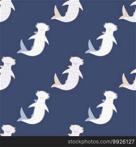 Hammerhead sharks silhouettes in white color seamless pattern. Pastel navy blue background. Decorative backdrop for fabric design, textile print, wrapping, cover. Vector illustration.. Hammerhead sharks silhouettes in white color seamless pattern. Pastel navy blue background.
