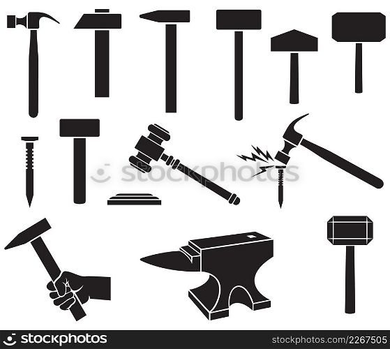 Hammers icons set - black silhouettes (gavel, nail, weapon of Thor)