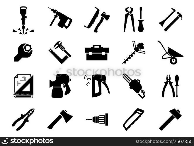 Hammers, screwdrivers, axes, saws, pliers, jackhammer, crowbar, wrench, vernier caliper set square toolbox drill machine, wheelbarrow drawing, spray gun chainsaw and staple gun black icons set. Hand and power tools icons