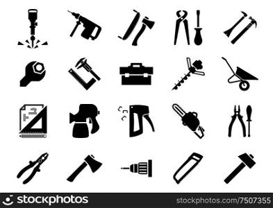 Hammers, screwdrivers, axes, saws, pliers, jackhammer, crowbar, wrench, vernier caliper set square toolbox drill machine, wheelbarrow drawing, spray gun chainsaw and staple gun black icons set. Hand and power tools icons