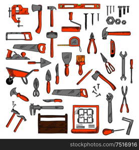 Hammers, wrenches, saws and knives, scissors and screwdriver, trowels and wheelbarrow, spatula, pliers and axe, bench vice, level ruler, paint roller and brush, tape measure, jack plane, screws and nails, toolbox and construction project colored sketch icons. Hand tools for building, carpentry, shoemaking, gardening design. Sketched tools for building, carpentry, shoemaking
