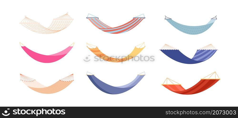 Hammocks. Relaxation hammock, modern relax lifestyle decoration. Isolated fabric swing for beach or summer outdoor recreation rest vector set. Illustration hammock for relaxation and rest. Hammocks. Relaxation hammock, modern relax lifestyle decoration. Isolated fabric swing for beach or summer outdoor recreation rest vector set