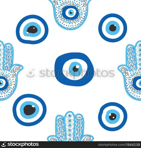 Hamsa eye, magical eye seamless pattern. Magic, witchcraft, occult symbol. Blue white golden eyes. Fabric textile wallpaper. Evil eye seamless pattern. Magic, witchcraft, occult symbol, line art collection. Hamsa eye, magical eye, decor element.