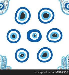 Hamsa eye, magical eye seamless pattern. Magic, witchcraft, occult symbol. Blue white golden eyes. Fabric textile wallpaper. Evil eye seamless pattern. Magic, witchcraft, occult symbol, line art collection. Hamsa eye, magical eye, decor element.