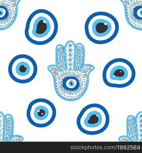 Hamsa eye, magical eye seamless pattern. Magic, witchcraft, occult symbol. Blue white golden eyes. Fabric textile wallpaper. Evil eye seamless pattern. Magic, witchcraft, occult symbol, line art collection. Hamsa eye, magical eye, decor element.