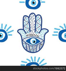 Hamsa eye, magical eye seamless pattern. Magic, witchcraft, occult symbol. Blue white golden eyes. Fabric textile wallpaper. Evil eye seamless pattern. Magic, witchcraft, occult symbol, line art collection. Hamsa eye, magical eye, decor element