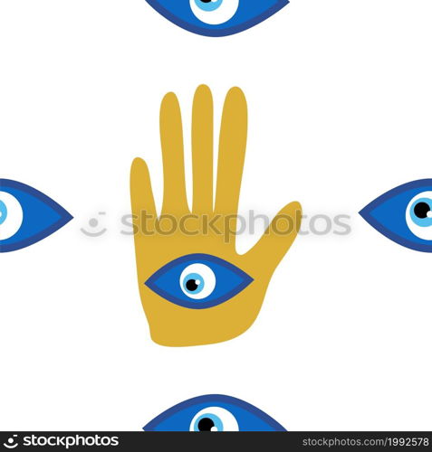 Hamsa eye, magical eye seamless pattern. Magic, witchcraft, occult symbol. Blue white golden eyes. Fabric textile wallpaper. Evil eye seamless pattern. Magic, witchcraft, occult symbol, line art collection. Hamsa eye, magical eye, decor element