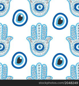 Hamsa eye, magical eye seamless pattern. Magic, witchcraft, occult symbol. Blue white golden eyes. Fabric textile wallpaper. Evil eye seamless pattern. Magic, witchcraft, occult symbol, line art collection. Hamsa eye, magical eye, decor element.