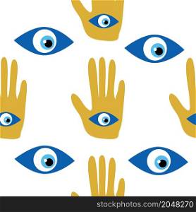 Hamsa eye, magical eye seamless pattern. Magic, witchcraft, occult symbol. Blue white golden eyes. Fabric textile wallpaper. doodle seamless pattern Hamsa eye, magical eye, decor element. Pink, green, golden eyes. Fabric textile