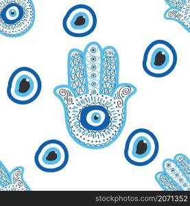 Hamsa eye, magical eye seamless pattern. Magic, witchcraft, occult symbol. Blue white golden eyes. Fabric textile wallpaper. Evil eye seamless pattern. Magic, witchcraft, occult symbol, line art collection. Hamsa eye, magical eye, decor element.