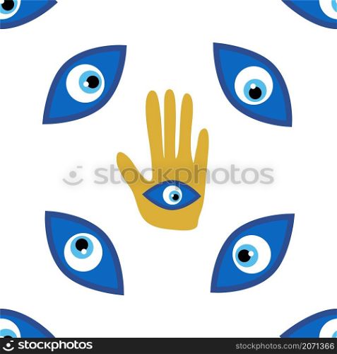Hamsa eye, magical eye seamless pattern. Magic, witchcraft, occult symbol. Blue white golden eyes. Fabric textile wallpaper. Evil eye seamless pattern. Magic, witchcraft, occult symbol, line art collection. Hamsa eye, magical eye, decor element