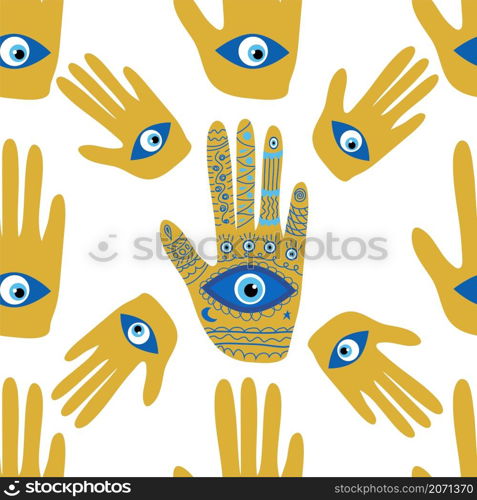 Hamsa eye, magical eye seamless pattern. Magic, witchcraft, occult symbol. Blue white golden eyes. Fabric textile wallpaper. doodle seamless pattern Hamsa eye, magical eye, decor element. Pink, green, golden eyes. Fabric textile