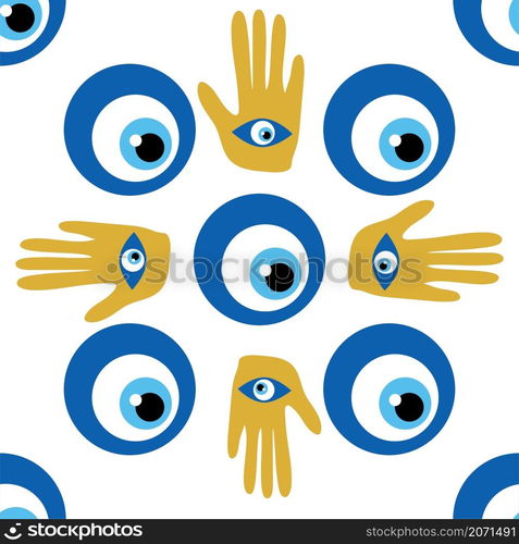 Hamsa eye, magical eye seamless pattern. Magic, witchcraft, occult symbol. Blue white golden eyes. Fabric textile wallpaper. doodle seamless pattern Hamsa eye, magical eye, decor element. Pink, green, golden eyes. Fabric textile