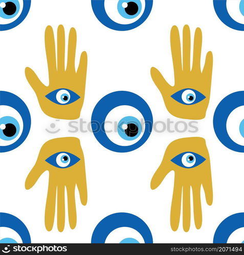 Hamsa eye, magical eye seamless pattern. Magic, witchcraft, occult symbol. Blue white golden eyes. Fabric textile wallpaper. doodle seamless pattern Hamsa eye, magical eye, decor element. Pink, green, golden eyes. Fabric textile