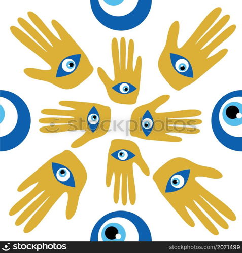 Hamsa eye, magical eye seamless pattern. Magic, witchcraft, occult symbol. Blue white golden eyes. Fabric textile wallpaper. doodle seamless pattern Hamsa eye, magical eye, decor element. Pink, green, golden eyes. Fabric textile