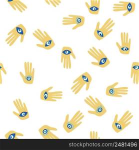 Hamsa eye, magical eye seamless pattern. Magic, witchcraft, occult symbol. Blue white golden eyes. Fabric textile wallpaper. Evil eye Heavenly seamless pattern with suns, moons, stars, palms. For textiles, souvenirs, household goods.