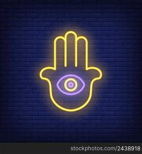 Hamsa hand with eye neon sign. Harmony and meditation concept. Advertisement design. Night bright neon sign, colorful billboard, light banner. Vector illustration in neon style.