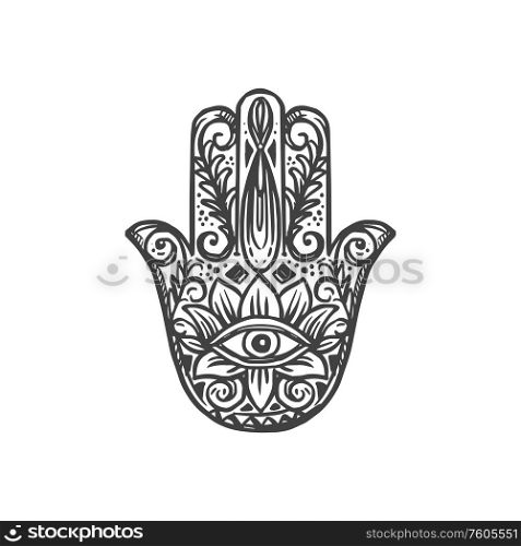 Hamsa palm shaped amulet isolated hand of Fatima sketch. Vector Mary or Mariam Goddess, Jewish religion. Hamsa hand with ornaments isolated palm amulet