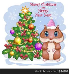 Hamster near the Christmas tree. Greeting Christmas card with funny hamster character. Winter, christmas, gifts and tree. Greeting christmas card with funny hamster character