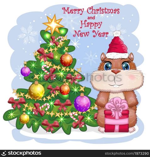 Hamster near the Christmas tree. Greeting Christmas card with funny hamster character. Winter, christmas, gifts and tree. Greeting christmas card with funny hamster character