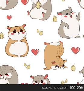 Hamster pattern. Cartoon seamless texture with funny fluffy pet. Cute home happy animal print for kids wallpaper. Little rodent character with kawaii emotion expressions. Vector chipmunk background. Hamster pattern. Cartoon seamless texture with funny fluffy pet. Home happy animal print for kids wallpaper. Rodent character with kawaii emotion expressions. Vector chipmunk background