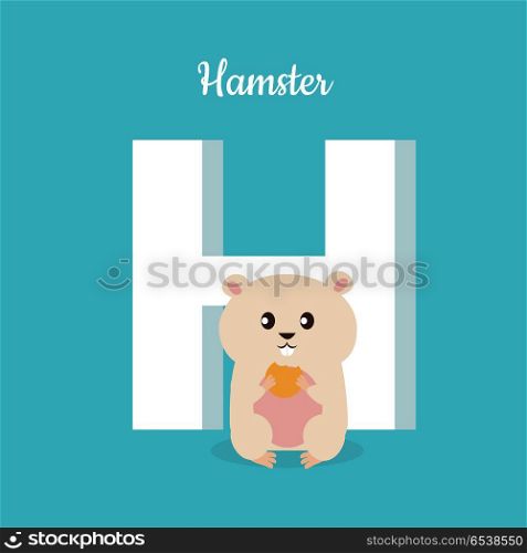 Hamster with letter H isolated on blue. Alphabet.. Hamster with letter H isolated on blue. Domestic hamster with biscuit. Part of alphabetic series with animals. Fluffy rodent animal. Small funny mouse. ABC, alphabet. Vector illustration