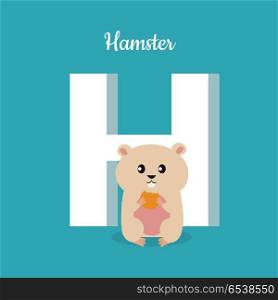 Hamster with letter H isolated on blue. Alphabet.. Hamster with letter H isolated on blue. Domestic hamster with biscuit. Part of alphabetic series with animals. Fluffy rodent animal. Small funny mouse. ABC, alphabet. Vector illustration